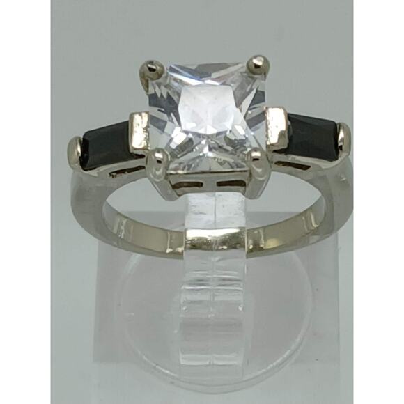 Vintage 3-Stone Gold GP Silver Tone Princess Cut Black CZ Engagement Ring Size 8 - Picture 1 of 10